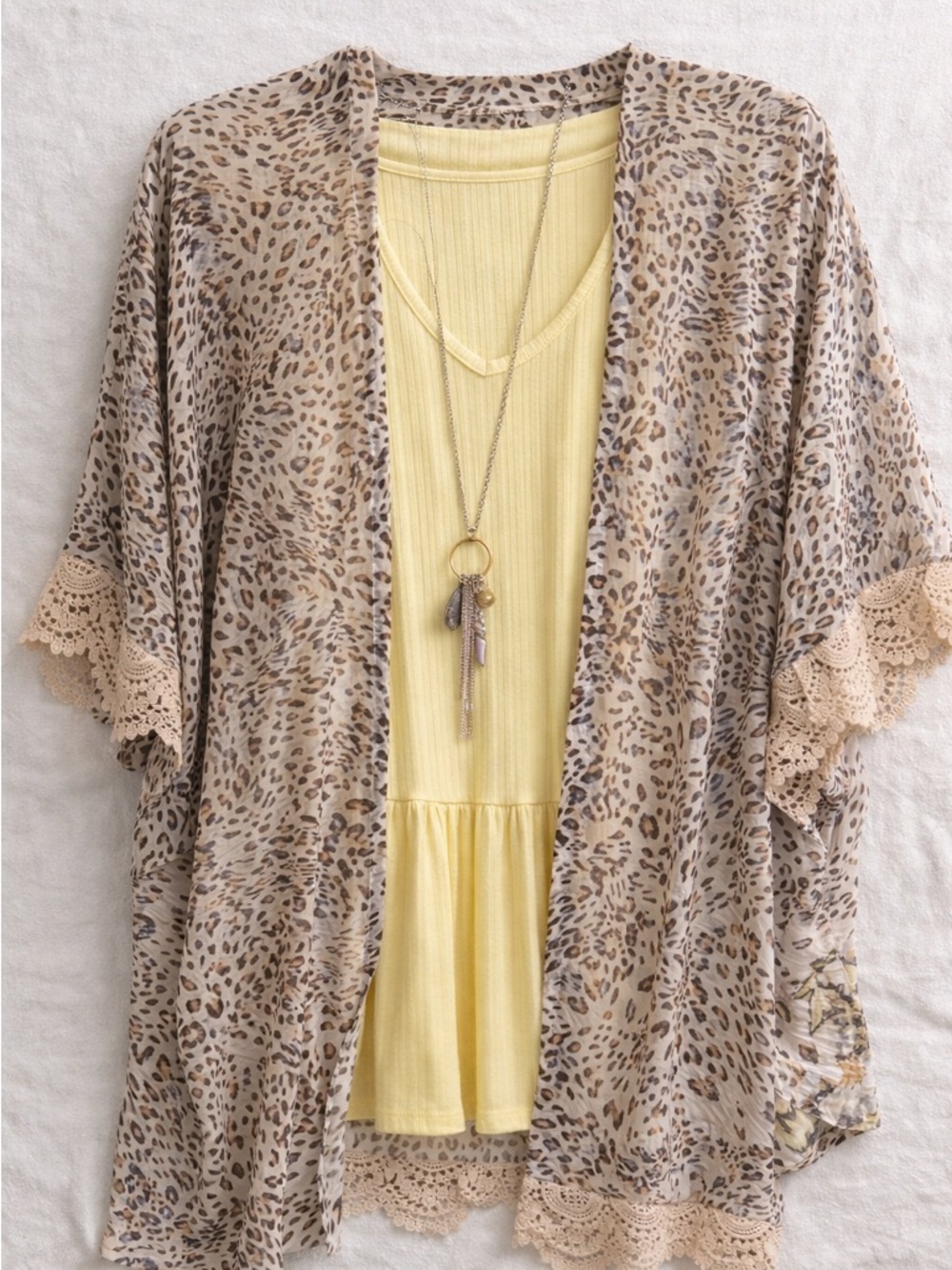 Leopard Kimono (S) + Yellow Tank (S) + Necklace | 3-Piece Outfit Bundle